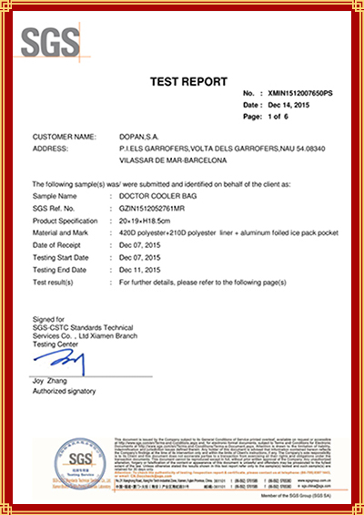 Htpolarbox SGS Validation Certificate for Cooler Bag